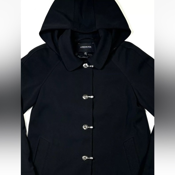 London Fog Trench Coat Women’s PM Black Softshell Metal Buckles Hooded Jacket - Picture 7 of 14